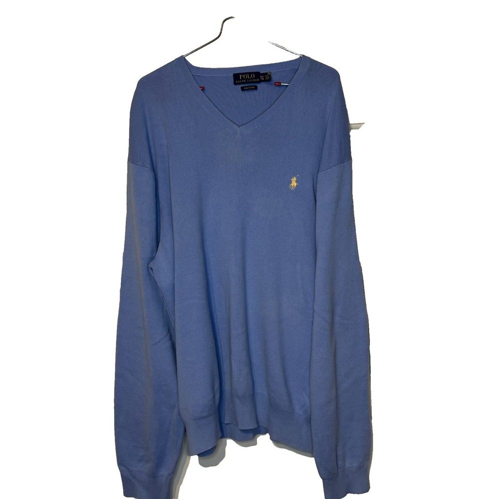 Polo Ralph Lauren Mens Sweater Pima Cotton V-Neck Relaxed Long Sleeve Blue Large
